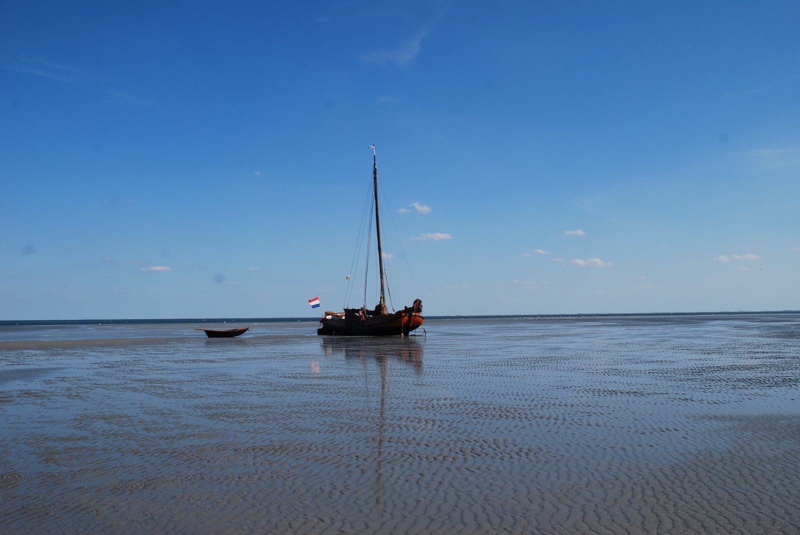 ‘s Middags vallen we eerder dan gepland droog op een plaat waar op veilige afstand ook weer zeerobben een droge richel hebben gevonden. Aan de horizon het vasteland van Friesland.